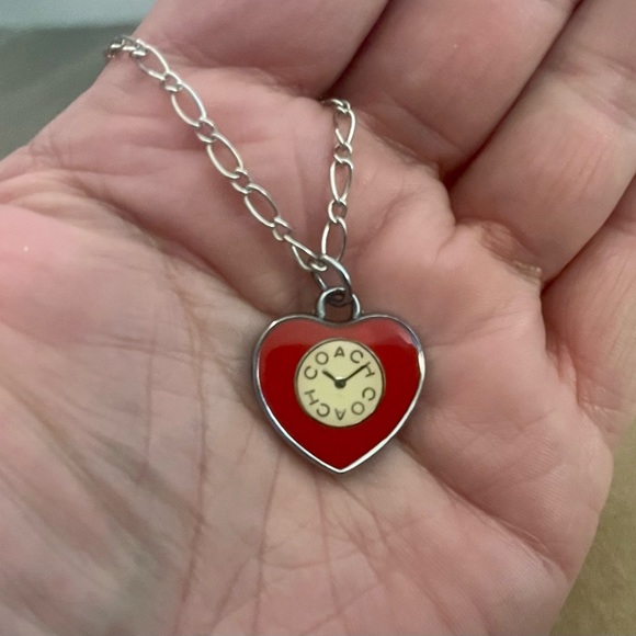 Coach Red & White Enamel Heart Clock Pendant .925 Sterling Silver Necklace - Picture 4 of 6